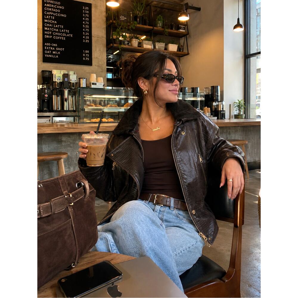 Andrew Marc‎ New York Brown Croc Embossed Leather Moto Jacket Fur Collar M
